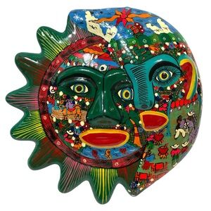 Vintage 1970s Isidoro Mexican Pottery Half Sun Half Moon Face Wall Hanging Decor